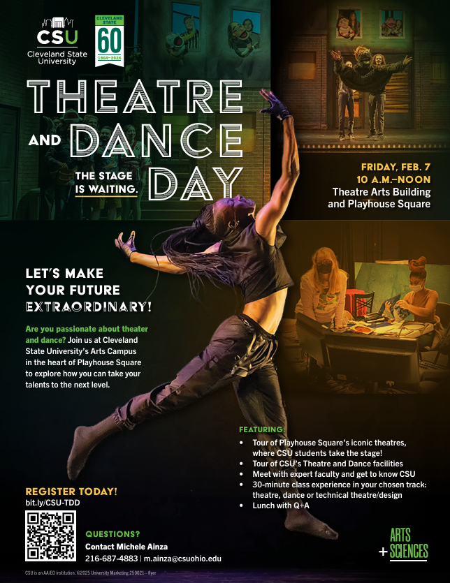 CLE_State's tweet photo. Are you passionate about theatre and dance? Join us at Cleveland State University's Arts Campus in the heart of Playhouse Square on Friday, Feb. 7 from 10 a.m. - 12 p.m. Tour the iconic theatres & facilities, meet with expert faculty and even have a class experience! 

Register here: https://t.co/xena37NJHH