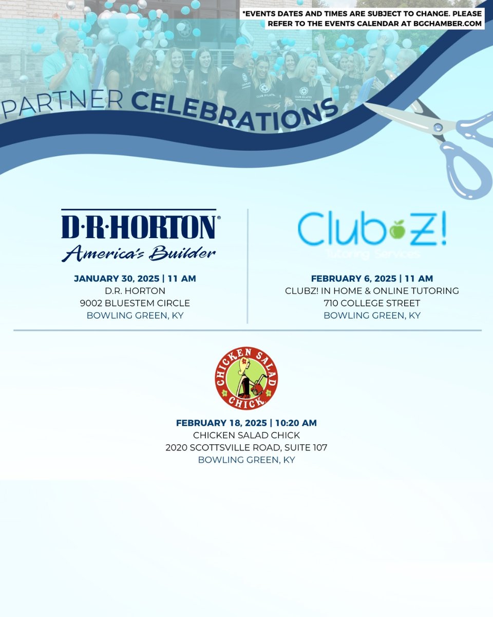BGChamber's tweet photo. 🎉 Join us as we celebrate our partners' milestones with ribbon cuttings this February! 🥳
✂️ Let's make memories and celebrate their success together! For updates, check the events calendar at https://t.co/W1hOf0xSTi. 🗓️
#RibbonCutting #BowlingGreenKY #ChamberCelebrations https://t.co/ys5XCW7yVu
