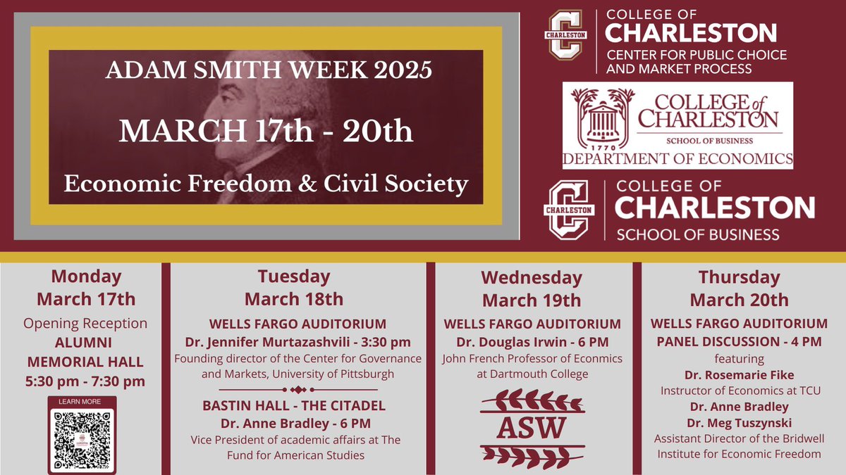 Our 17th Annual Adam Smith Week will be here in a blink! We've got a stellar slate of speakers lined up! Join us March 17th - 20th. Stay tuned for updates! #markyourcalendars #EconomicFreedom #civilsociety #makeplans