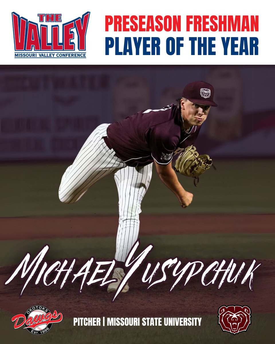 Dawgs Pitcher Michael Yusypchuk has been named Preseason POTY - Freshman for the Missouri Valley Conference! Yus looks to help Missouri State win a ton of games this season! 

#dawgs #baseball #okotoks #academy #alumni #livebreathedawgs #POTY #college #MVC
