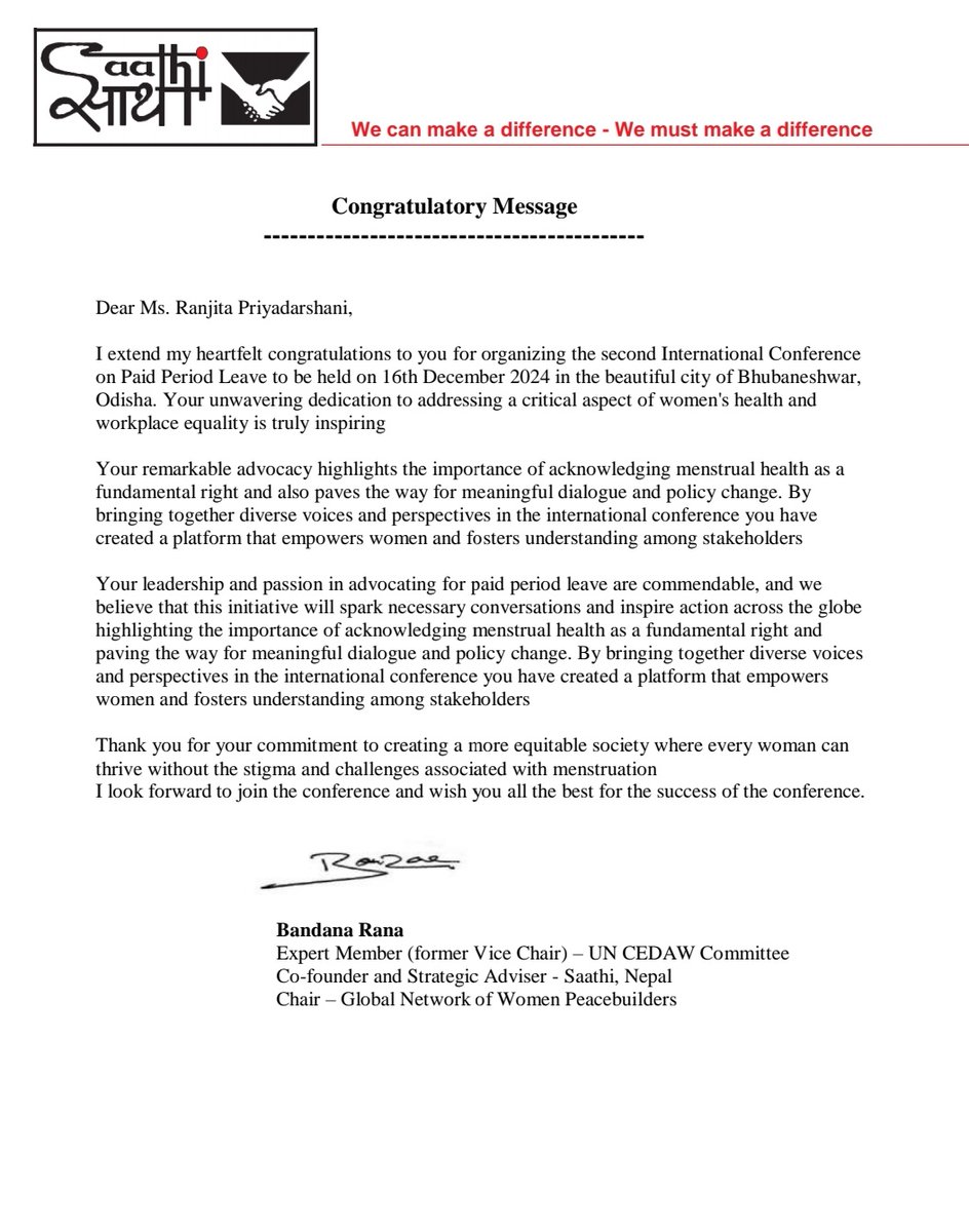 I_AM_RANJEETA's tweet photo. Thank You UN CEDAW Committee Expert Member (Former Vice Chair) Ms Bandana Rana ji For Your Congratulatory Message #PaidPeriodLeave https://t.co/B1lAgG2Dai