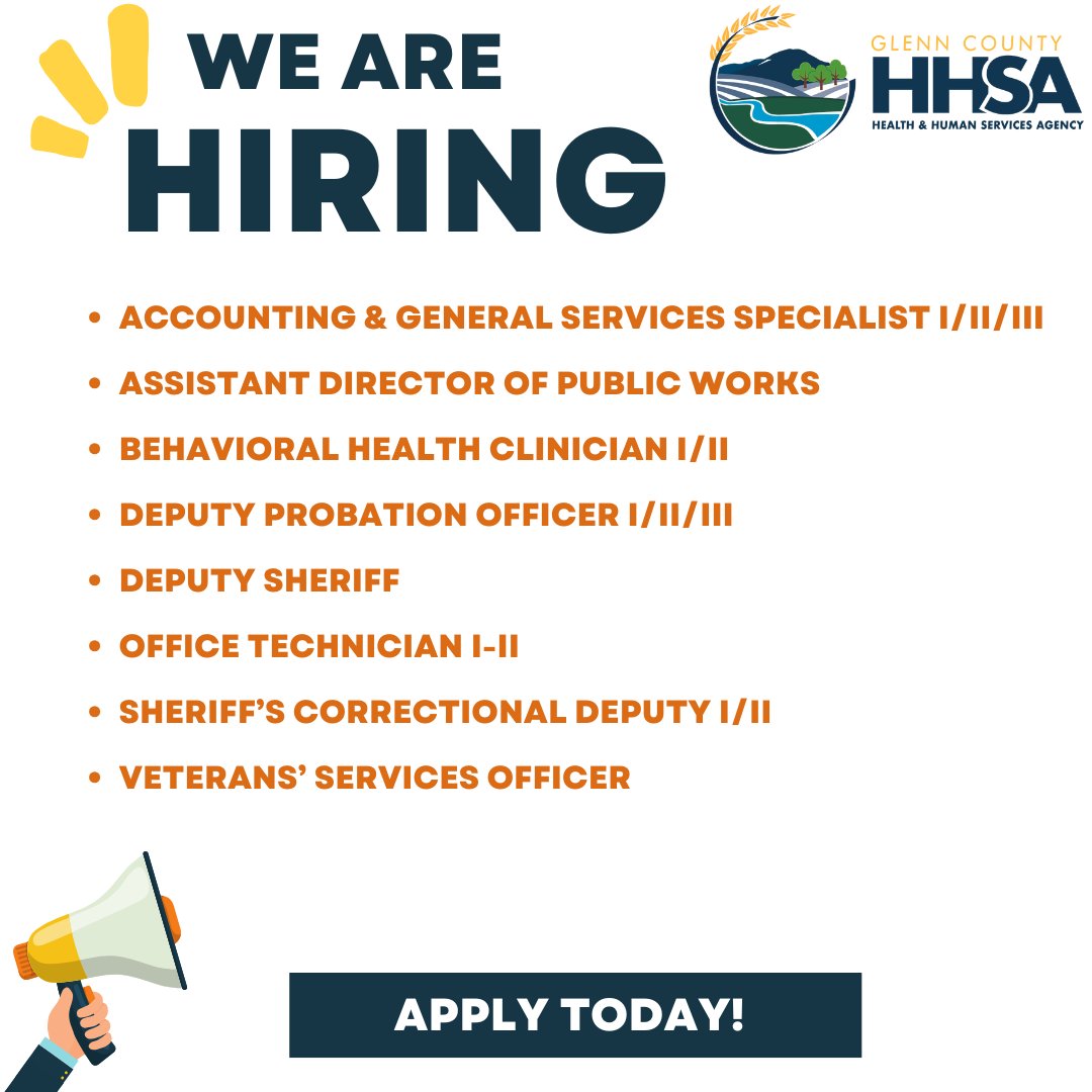 Are you interested in a career with Glenn County? Visit the County of Glenn Personnel webpage ow.ly/81gi50SZJ2V for more information!
Don't forget to follow them on Facebook ow.ly/NvVC50SZJ33