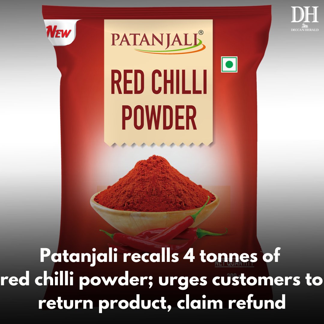 DeccanHerald's tweet photo. #PatanjaliFoodsLtd has recalled 4 tonnes of #redchillipowder from markets following the direction from food regulator #FSSAI.
https://t.co/qPKyFOxlsw https://t.co/npf3FQOeDY