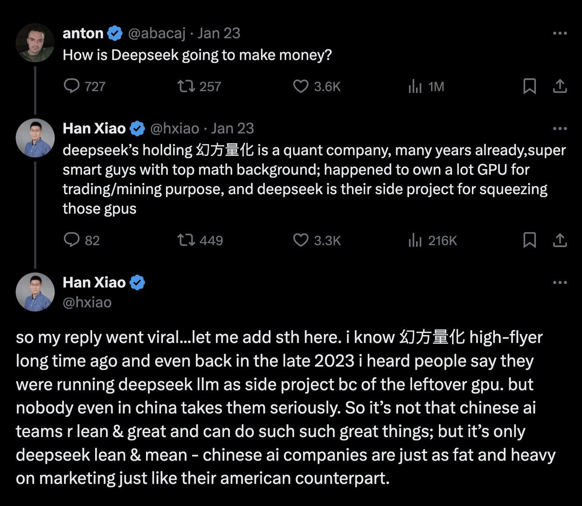Deepseek is just a side project of a quant trading company using their  leftover compute. 🫡 Only Deepseek is lean and mean, not other Chinese AI  teams.