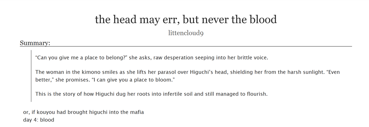#bsd #bsdladiesweek2025 #higuchiichiyou #ozakikouyou

🥀 [T] 3.9k || higuchi &amp; kouyou, canon-divergent
🥀 written for day 4 of <a href="/bsdladiesweek/">bsd ladies week</a> : blood

archiveofourown.org/works/62463919