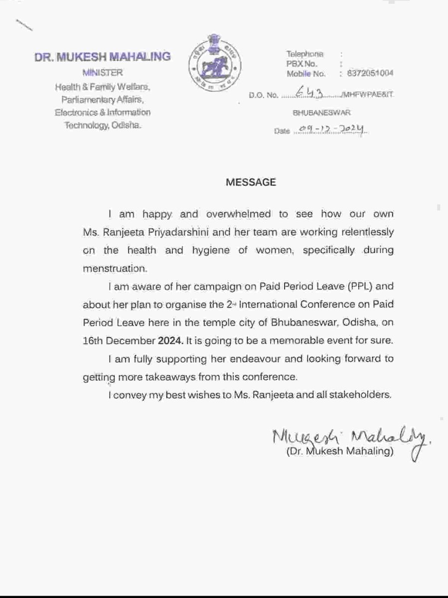 I_AM_RANJEETA's tweet photo. Thank You Hon.ble Health Minister of Odisha,  Dr. Mukesh Mahaling Sir for The Message Of Appreciation #PaidPeriodLeave https://t.co/4y9ilLHinm