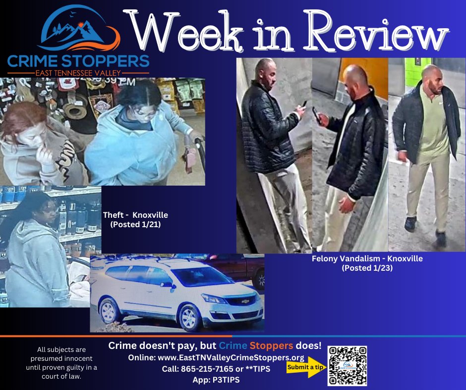 tn_crime's tweet photo. Do you recognize these people? They are suspects in crimes we highlighted for @Knoxville_PD this wk. Know who they are, stay #Anonymous & #SubmitATip to East TN Valley Crime Stoppers. If your tip to #CrimeStoppers results in an arrest you may receive a cash reward.
#SayItHere https://t.co/5GxrFhxViL