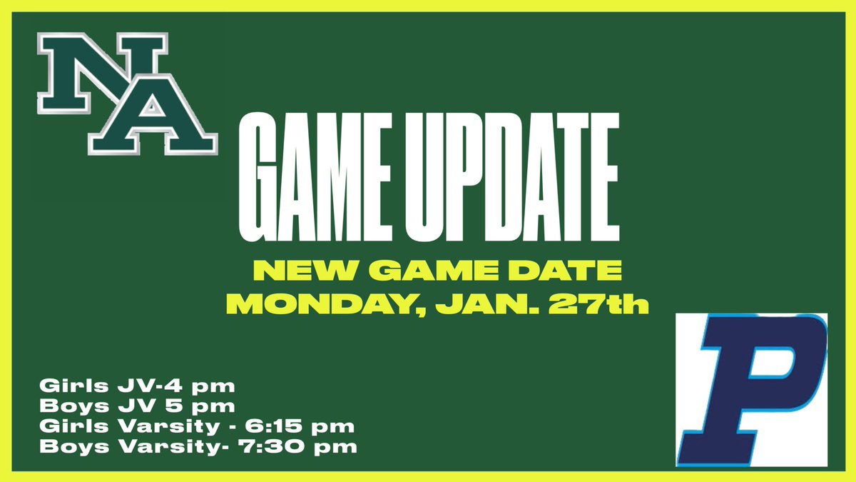 The Northwood Academy vs. Pinewood Basketball games have been rescheduled. Northwood will host Pinewood on Monday, January 27th, with the schedule as followed: 

JV GIRLS - 4 PM
JV BOYS -  5 PM
VARSITY GIRLS - 6:15 PM
VARSITY BOYS - 7:30 PM

#GoChargers #ChargedUp