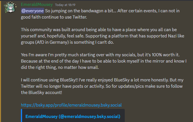 TLDR moving to BlueSky, make sure to follow there

bsky.app/profile/emeral…

PS... F N*zis and Musky Boi