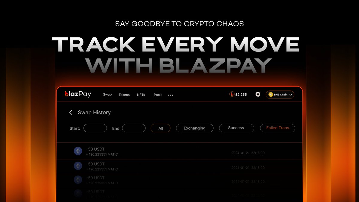 blazpaylabs's tweet photo. Not knowing your transaction history can be stressful. With BlazPay, track every step of your journey-whether swapping tokens or bridging assets. Easily access Swap and Bridge History for full transparency. 🔍

 🔗Start exploring now: https://t.co/FEazEVPulq

Stay organized, track your trades, and make smarter decisions with Blazpay! 💡

#blazpay #DeFiRevolution #Web3 #CryptoTrading