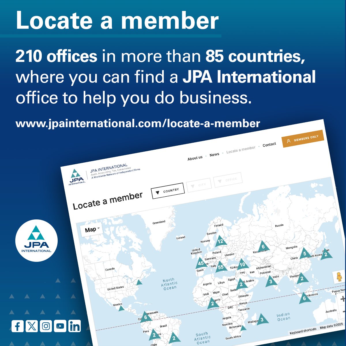 JPAglobal's tweet photo. 🌍 Discover JPA International: your global network of experts! Present in 80+ countries, we connect you with trusted professionals for #accounting, #auditing, #tax, #consulting &amp; #legal services. Find a member near you: https://t.co/OZjz4D2TU2

#JPAInternational https://t.co/qHkadwv36X