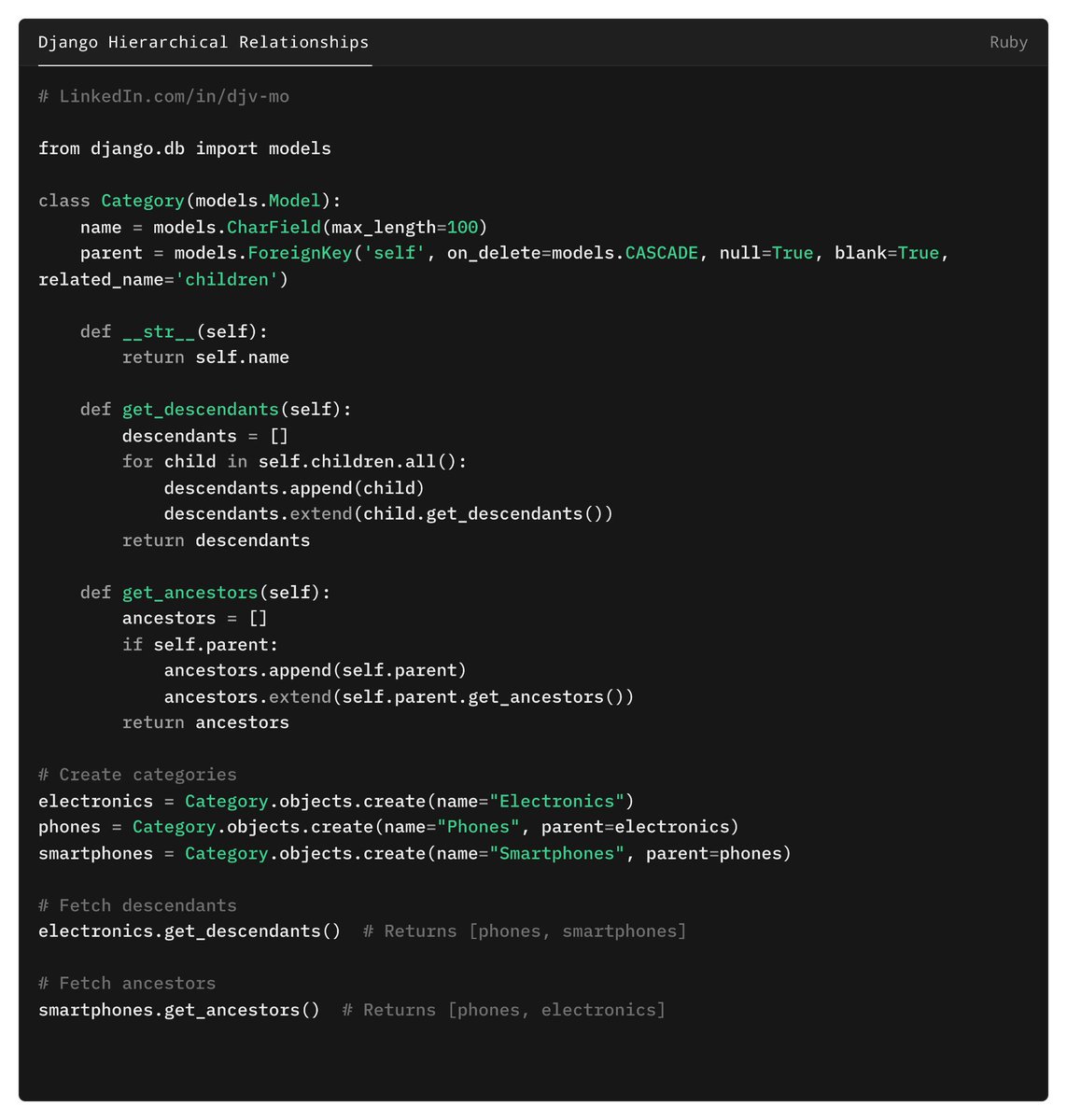 djv_mo's tweet image. 💡 Django tip Hierarchical Relationships: #python #django #HierarchicalData
Hierarchical data structures are important to know think about organizational charts, category trees, or threaded comments. In Django
#tip #tips #tipoftheday #djv_mo #100daysofcode
