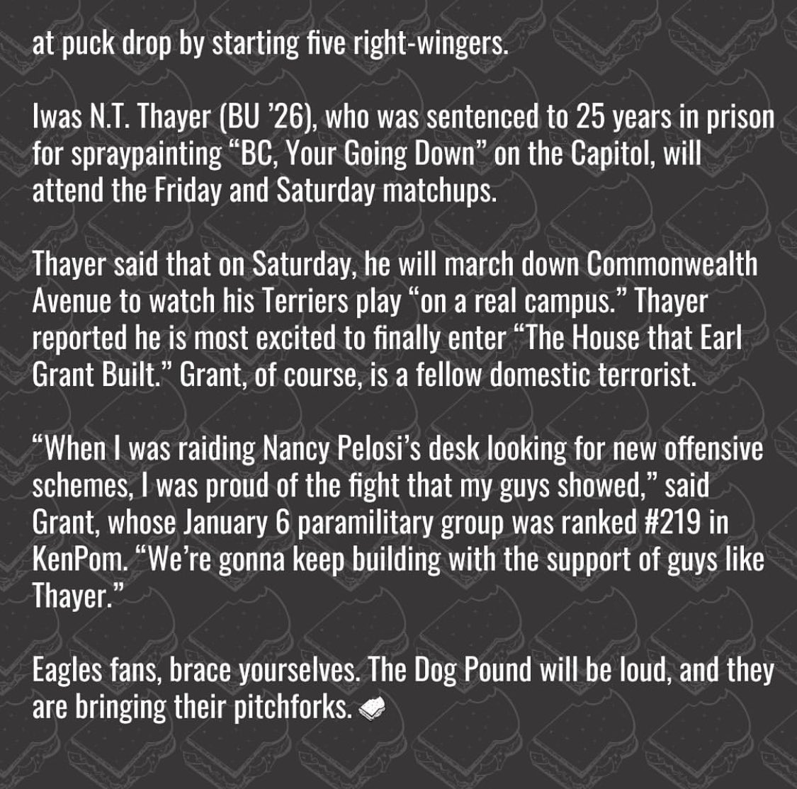 🇺🇸🦅Thanks to <a href="/realDonaldTrump/">Donald J. Trump</a>’s recent January 6 pardons, the BU student section will finally be full! Please be sure to welcome home these American heroes tonight at Agganis Arena.

READ MORE: