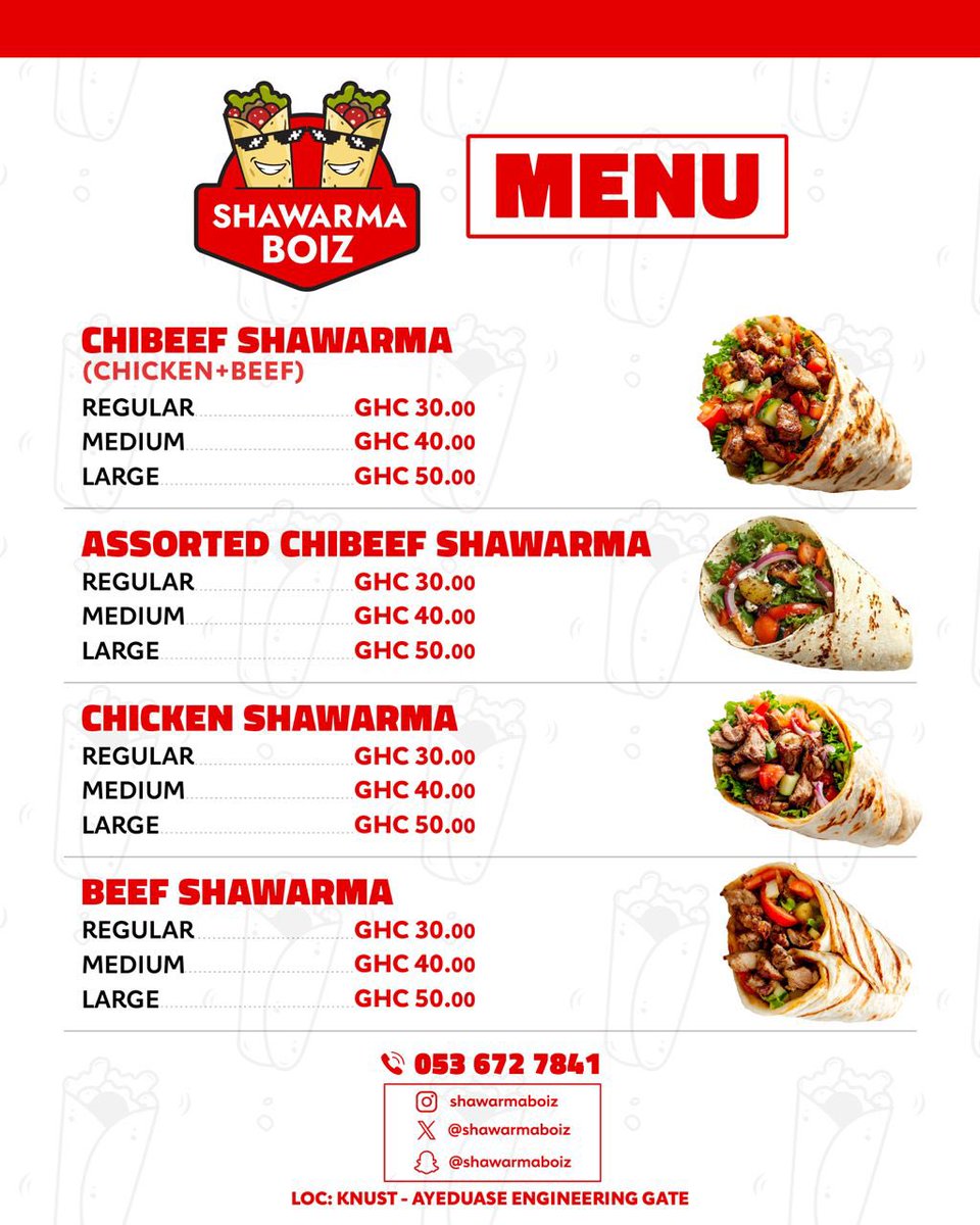 shawarmaboiz's tweet image. what are you waiting for? order one warma and have a feel of our delicious menu😮💨🔥
Call Now: 0536727841
Location: KNUST Engineering Gate, Ayeduase.