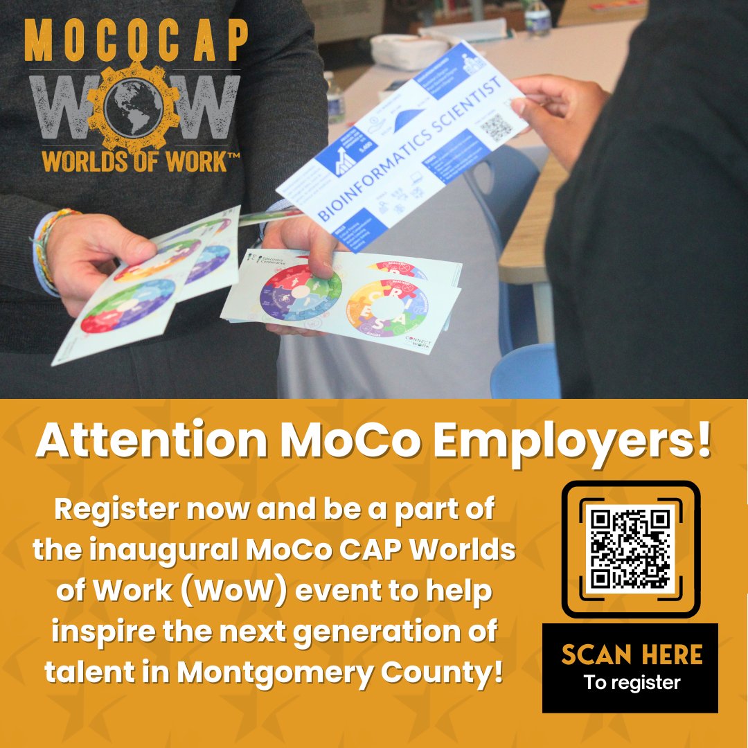 📢 Help improve career outcomes for MoCo by hosting a free booth at our upcoming MoCo CAP WoW event on March 17, 18, and 20, 2025, at the Montgomery College Rockville Campus. Please register by February 7 at bit.ly/3E7s7tU 
#MoCoCAPWOW2025 #MoCoCAPWorldsofWork
