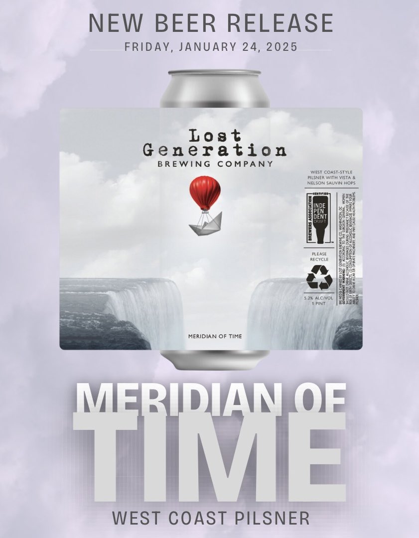 🚨🚨🚨NEW BEER ALERT!!!!🚨🚨🚨
RELEASING TODAY 1/24

Meridian of Time (5.2%)
West coast-style pilsner hopped with Nelson Sauvin and Vista hops with big bright notes of white wine, white peach and oolong tea with a subtle citrus rind finish.