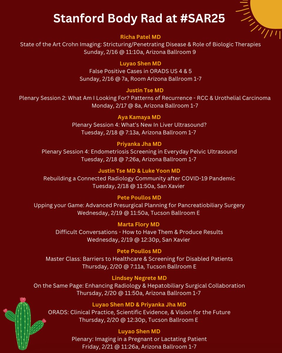 Stanford Body Imaging (@stanfordbodyrad) on Twitter photo We are SOOOOO excited for #SAR25 — check out all our talks! <a href="/StanfordRad/">Stanford Radiology</a> <a href="/SocietyAbdRad/">Society of Abdominal Radiology | SAR</a>
<a href="/ayakamaya/">Aya Kamaya, MD</a> <a href="/Luyaoshenmd/">Luyao Shen, MD</a> <a href="/LindseymarieMD/">Lindsey Negrete MD</a> <a href="/PetePoullos/">Pete Poullos, MD</a> <a href="/martafloryMDrad/">Marta Flory MD</a> <a href="/PriyankaJhaMD/">Priyanka Jha</a> <a href="/JustinTseMDRad/">JustinTseMDRadiology</a> <a href="/RichaPatelMD/">Richa Patel</a> We are SOOOOO excited for #SAR25 — check out all our talks! <a href="/StanfordRad/">Stanford Radiology</a> <a href="/SocietyAbdRad/">Society of Abdominal Radiology | SAR</a>
<a href="/ayakamaya/">Aya Kamaya, MD</a> <a href="/Luyaoshenmd/">Luyao Shen, MD</a> <a href="/LindseymarieMD/">Lindsey Negrete MD</a> <a href="/PetePoullos/">Pete Poullos, MD</a> <a href="/martafloryMDrad/">Marta Flory MD</a> <a href="/PriyankaJhaMD/">Priyanka Jha</a> <a href="/JustinTseMDRad/">JustinTseMDRadiology</a> <a href="/RichaPatelMD/">Richa Patel</a>