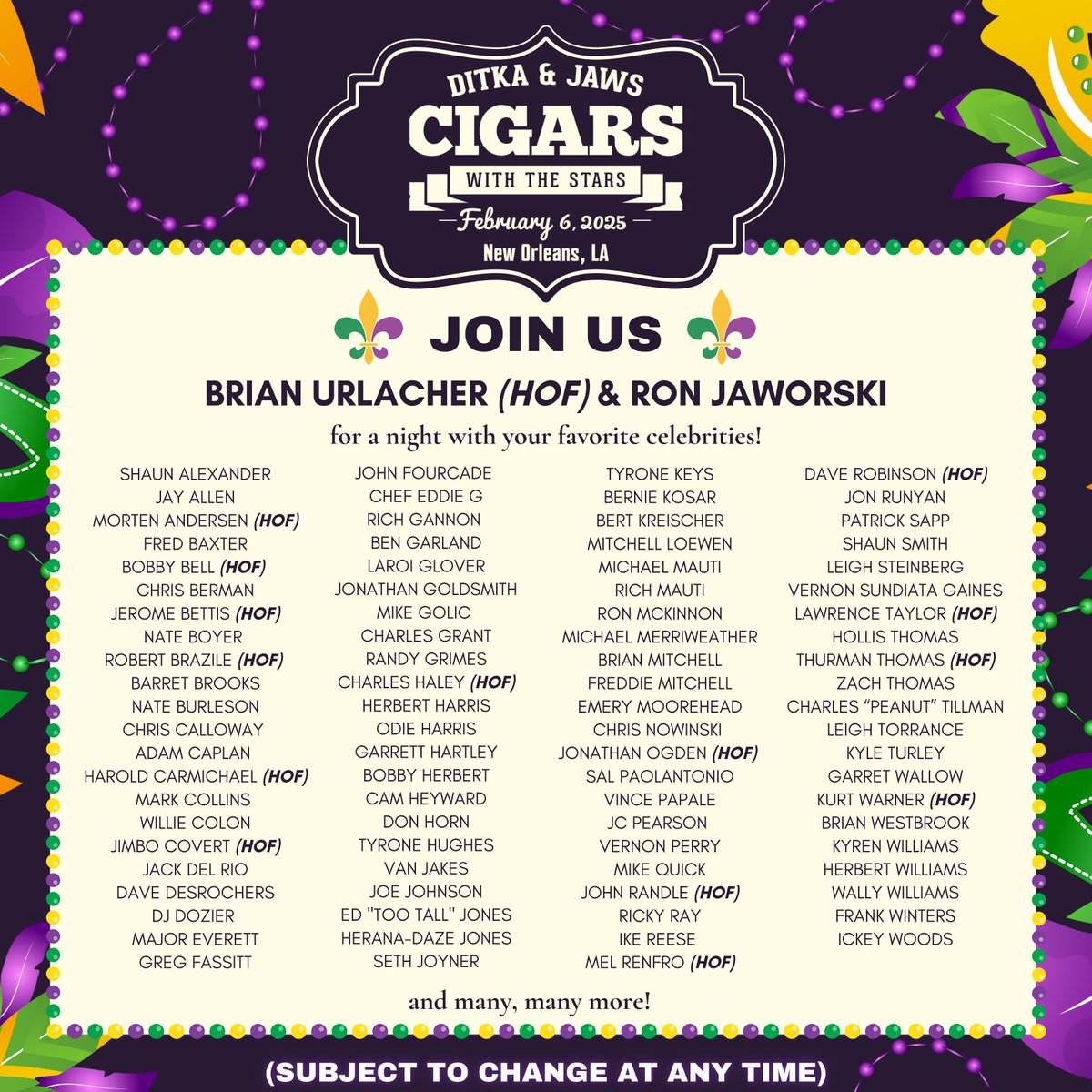 GridironGreats (@gridiron_greats) on Twitter photo ๐จ Check out the updates to the star-studded lineup at the 2025 Ditka Jaws Cigars with the Stars! ๐โจ There is still time to purchase your tickets at DitkaJaws2025.eventbrite.com See you there! ๐๐
<a href="/DitkaJawsCigars/">Ditka-Jaws Super Bowl Party New Orleans</a> <a href="/Gridiron_Greats/">GridironGreats</a> <a href="/JawsYouthPlay/">Ron Jaworski's Foundation, Jaws Youth Playbook</a> <a href="/JawsCEOQB/">Ron Jaworski</a> <a href="/BUrlacher54/">Brian Urlacher</a> ๐จ Check out the updates to the star-studded lineup at the 2025 Ditka Jaws Cigars with the Stars! ๐โจ There is still time to purchase your tickets at DitkaJaws2025.eventbrite.com See you there! ๐๐
<a href="/DitkaJawsCigars/">Ditka-Jaws Super Bowl Party New Orleans</a> <a href="/Gridiron_Greats/">GridironGreats</a> <a href="/JawsYouthPlay/">Ron Jaworski's Foundation, Jaws Youth Playbook</a> <a href="/JawsCEOQB/">Ron Jaworski</a> <a href="/BUrlacher54/">Brian Urlacher</a>