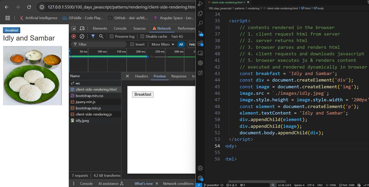 PraneethaG4's tweet image. 🚀 Day 95 of #100DaysOfJavaScript
Learnt:
- Client Side rendering - render html on client
- Server Side rendering using ejs and express server - generates html on server.
- Differences b/w them
Excited to dive into Static rendering pattern next!
#javascript