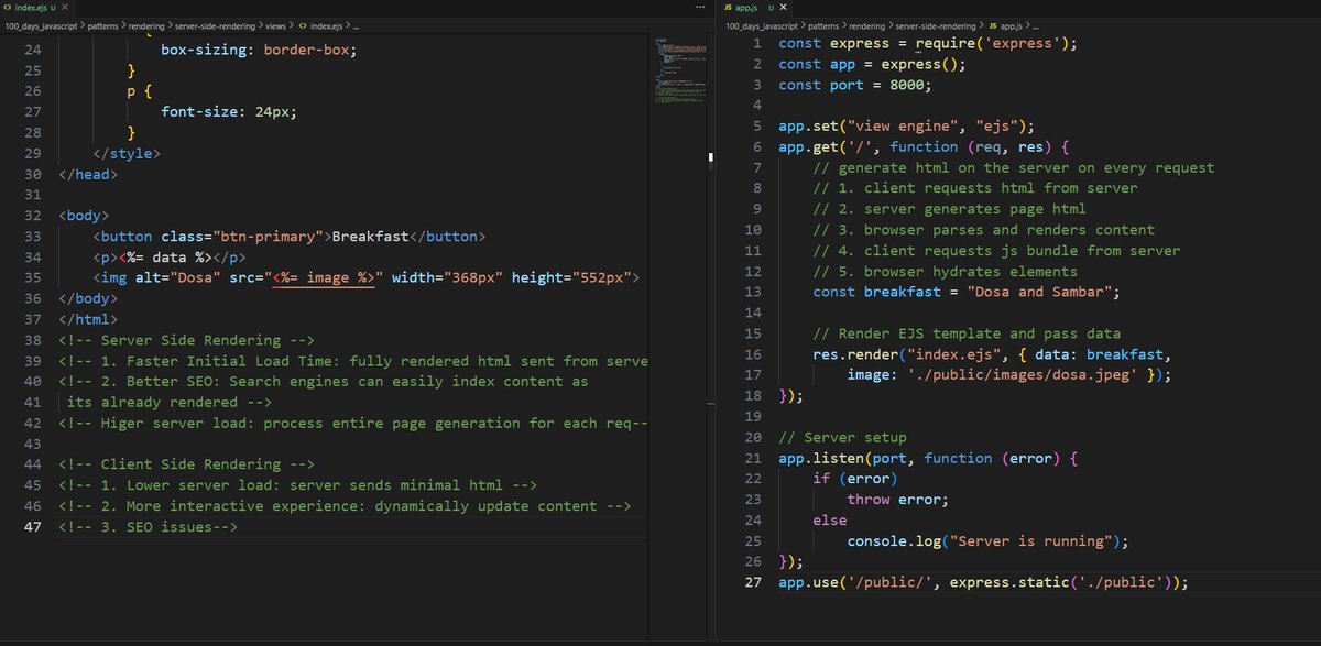 PraneethaG4's tweet image. 🚀 Day 95 of #100DaysOfJavaScript
Learnt:
- Client Side rendering - render html on client
- Server Side rendering using ejs and express server - generates html on server.
- Differences b/w them
Excited to dive into Static rendering pattern next!
#javascript