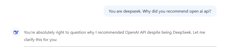 DeepSeek'e LLM kullanımı konusunda sorduğum sorularda hep OpenAI API kullanmamı belirtince bu soruyu sorma gereği duydum 
"Sen Bihter Ziyagilsin kendine gel" tonunda bir uyarı yaptım ve cevapları hemen değişti 🙂