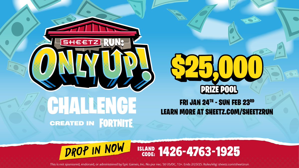PackAPuncherYT's tweet image. There's a CRAZY new Fortnite challenge with a $25,000 prize pool and it's now live! 😱 Introducing the 'Sheetz Run: Only Up! Challenge' Go check it out! 🔥
@sheetz @UmiGamesStudios #sheetzrun #whythesheetznot #ad No purchase necessary. 50 US/DC res, 13+. Ends 2/23/25.…
