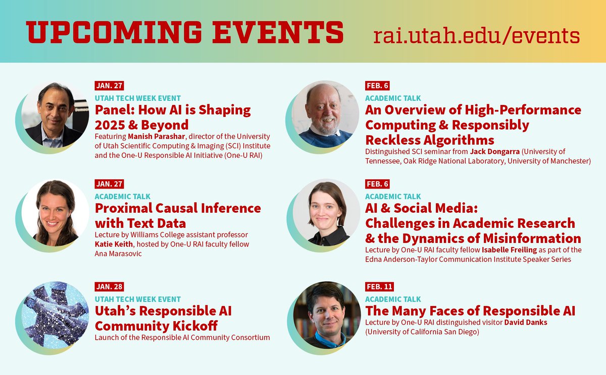 One-U Responsible AI Initiative (@oneu_rai) on Twitter photo Mark your calendars for these upcoming events tied to SCI and its One-U Responsible AI Initiative! Visit rai.utah.edu/events for details.
<a href="/parasharmanish/">Manish Parashar</a> <a href="/anmarasovic/">Ana Marasović</a> <a href="/Isa_Freiling/">Isabelle Freiling</a> Mark your calendars for these upcoming events tied to SCI and its One-U Responsible AI Initiative! Visit rai.utah.edu/events for details.
<a href="/parasharmanish/">Manish Parashar</a> <a href="/anmarasovic/">Ana Marasović</a> <a href="/Isa_Freiling/">Isabelle Freiling</a>