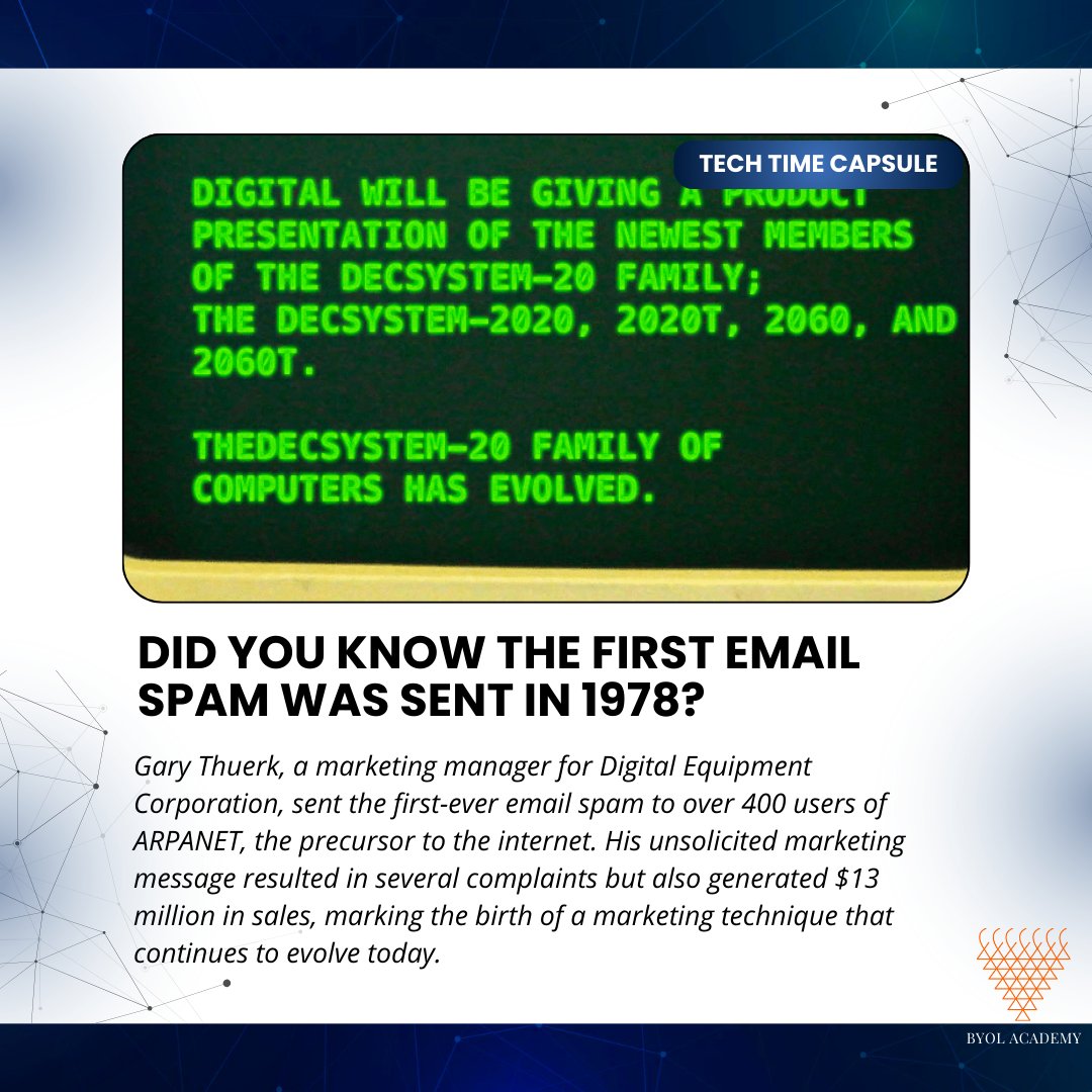 byolacademy's tweet photo. The Birth of Spam: In 1978, the first email spam was sent, sparking a new era of digital marketing! 📧💻
#EmailSpam #DigitalMarketing #HistoryOfTheInternet #ARPANET #FirstSpam #TechHistory #MarketingEvolution #OnlineMarketing #DigitalEra #InternetHistory #EmailMarketing #byolacademy