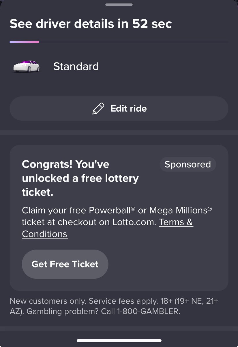 Federal lottery companies advertising on a rideshare app with free tickets feels , um, sinister