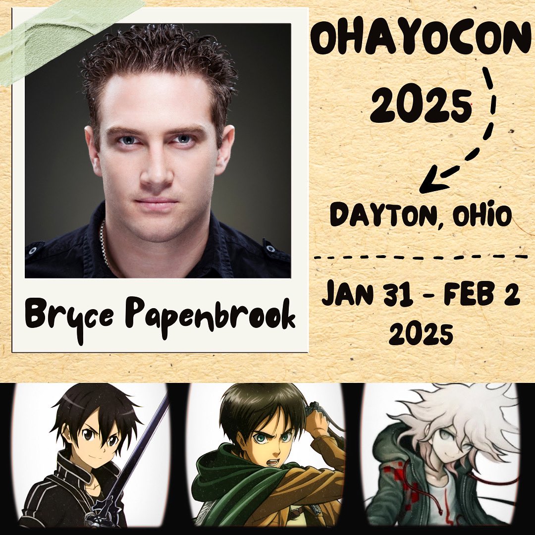 BrycePapenbrook's tweet image. Can’t wait to see everyone at @ohayocon on 2/1 &amp;amp; 2/2 in Dayton #Ohio 🙌 Excited to join in celebrating their 25th anniversary 🎉 Don’t miss it ✨ #Ohayocon #Dayton #OH #Kirito #ErenJaeger #Nagito