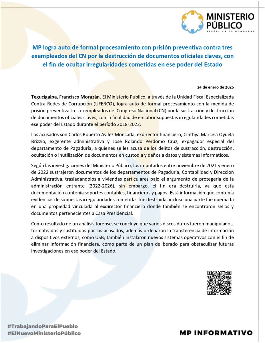 MP logra auto de formal procesamiento con prisión preventiva contra tres exempleados del CN por la destrucción de documentos oficiales claves, con el fin de ocultar irregularidades cometidas en ese poder del Estado.