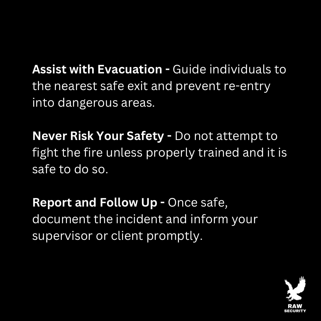 irawsecurity's tweet image. 🔥 Active Fire Response Tips for Guards 🔥
1️⃣ Stay calm &amp;amp; act fast
2️⃣ Sound the alarm
3️⃣ Call 9-1-1
4️⃣ Assist evacuation
5️⃣ Don’t risk your safety
Your quick actions save lives! 💪 
#RawSecurity #FireSafety