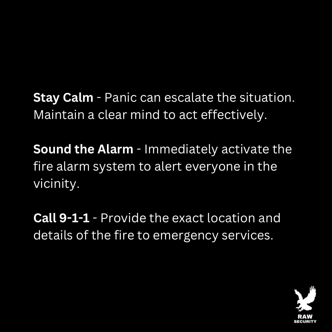 irawsecurity's tweet image. 🔥 Active Fire Response Tips for Guards 🔥
1️⃣ Stay calm &amp;amp; act fast
2️⃣ Sound the alarm
3️⃣ Call 9-1-1
4️⃣ Assist evacuation
5️⃣ Don’t risk your safety
Your quick actions save lives! 💪 
#RawSecurity #FireSafety