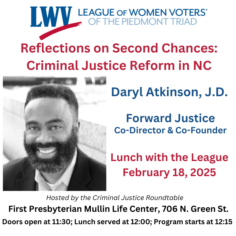 LWVPT's tweet photo. Daryl Atkinson J.D., co-director &amp; co-founder of Forward Justice, will speak about second chances and criminal justice reform at Lunch with the League, Feb 18, First Presbyterian Mullin Life Center, 706 N. Green St., GSO.
Registration required. Details:  https://t.co/lSTzQ6Ozfq https://t.co/LVqBYH53gQ