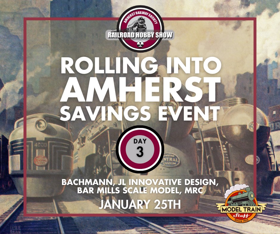 modeltrainstuff's tweet photo. Rolling Into Amherst Savings Event Day 3: Bachmann, JL Innovative Design, Bar Mills Scale Model, MRC
https://t.co/Fp9JKjrLtp

Hey Folks, can't make it to the Amherst Railroad Hobby Show this year? Join us online from now through January 29th for a virtual celebration of the show featuring products from attending vendors each day! Today we have awesome sale selections from Bachmann, JL Innovative Design, Bar Mills Scale Model, MRC. That's over 1,600 items discounted! But don't wait, because this sale only lasts for 24 hours!

Then join us tomorrow for another amazing deal!
