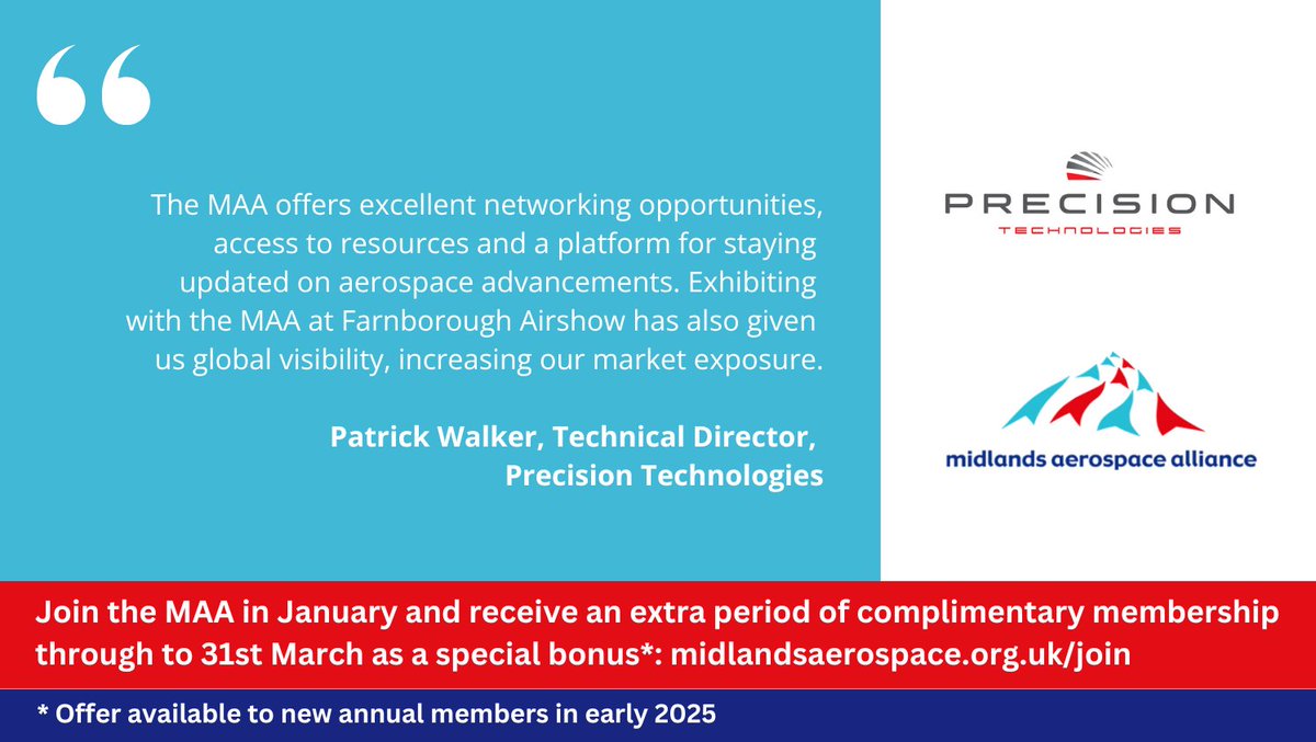 Join the MAA today and, like Precision Technologies, you'll enjoy the benefits of being part of one of the leading #aerospace industry networks. Sign up as a new annual member and receive an extra period of complimentary membership through to 31st March: midlandsaerospace.org.uk/join