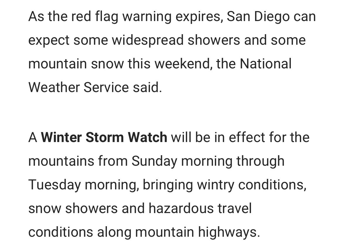 MenendezLegacy's tweet image. Rain and snow are expected in San Diego this weekend, bringing much-needed relief. We're also glad the winds are dying down. The fire has been spreading, but we remain calm and hopeful, trusting the firefighters!

#Border2Fire #JusticeForErikAndLyle 

Source: NBC San Diego.