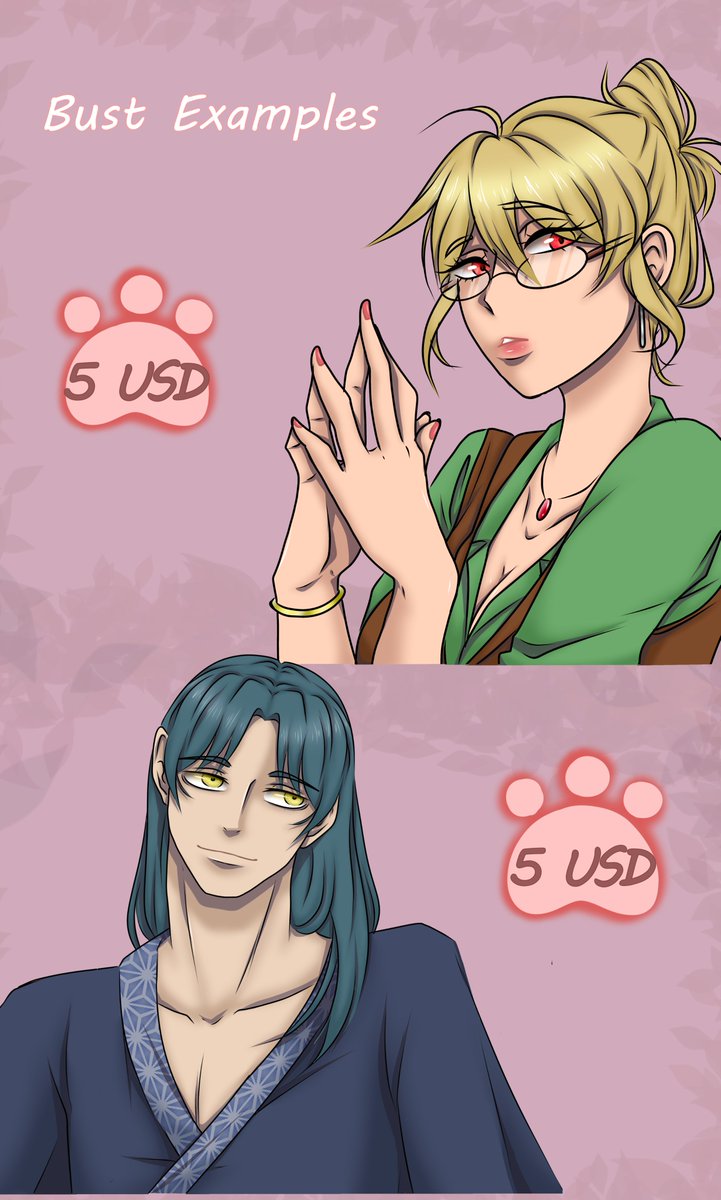 Neith1597's tweet photo. Hello! I leave my commission prices here. If interested, send me a DM. The drawings are all in color and it would take me between 3-5 days depending on the difficulty of the order. Thank you! c: 

#artmoot #art #anime #artcommissions https://t.co/SuIcPIrLze