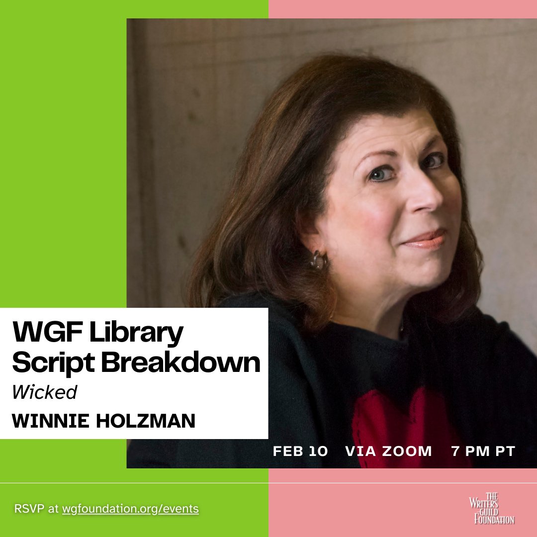 Writers Guild Foundation (@writersguildf) on Twitter photo Please join us 2/10 as we welcome Winnie Holzman to the Zoom room to discuss the screenplay for #WICKED!
All proceeds will go to <a href="/alifeinthearts/">Entertainment Community Fund</a> to support those in the industry who have been impacted by the Southern California wildfires.
RSVP: ow.ly/Z2Fj50UM5O3 Please join us 2/10 as we welcome Winnie Holzman to the Zoom room to discuss the screenplay for #WICKED!
All proceeds will go to <a href="/alifeinthearts/">Entertainment Community Fund</a> to support those in the industry who have been impacted by the Southern California wildfires.
RSVP: ow.ly/Z2Fj50UM5O3