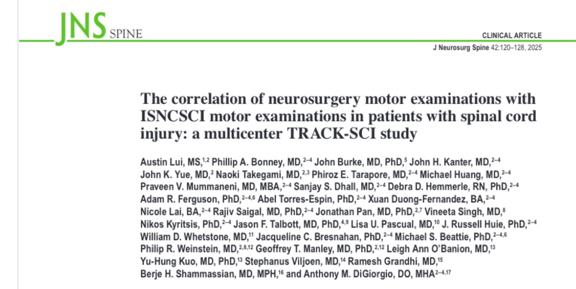 Sanjay S. Dhall, M.D. (@spineneuro) on Twitter photo Important paper we collab w <a href="/DrDiGiorgio/">Anthony DiGiorgio, DO, MHA</a> <a href="/track_sci/">TRACK-SCI</a> . ISCNSCI exams are time consuming , training is $$$ and limit successful data collection in #spinalcordinjury trials . Our co authors led by <a href="/AustinLui7/">Austin Lui</a> showed nearly identical correlation with neurosurgery motor exams (NME)! Important paper we collab w <a href="/DrDiGiorgio/">Anthony DiGiorgio, DO, MHA</a> <a href="/track_sci/">TRACK-SCI</a> . ISCNSCI exams are time consuming , training is $$$ and limit successful data collection in #spinalcordinjury trials . Our co authors led by <a href="/AustinLui7/">Austin Lui</a> showed nearly identical correlation with neurosurgery motor exams (NME)!