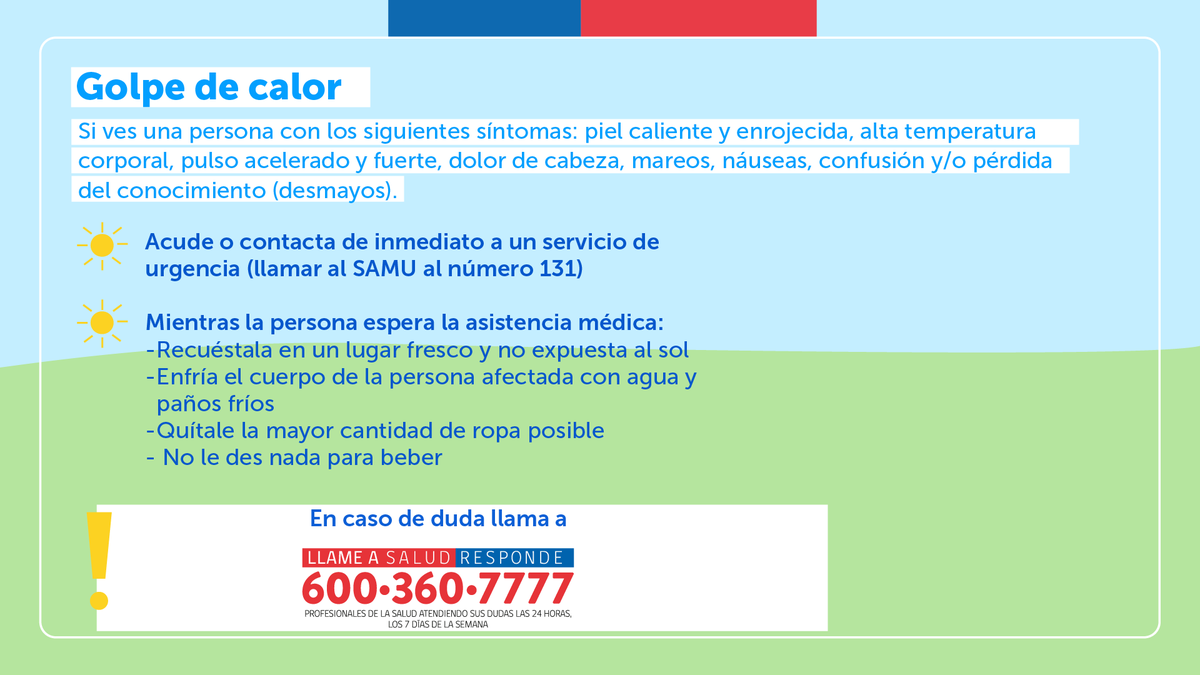 ministeriosalud's tweet photo. 🎟️☀️ Si durante este fin de semana asistes a un evento masivo, sigue estas recomendaciones para cuidar tu salud frente a las altas temperaturas y calor extremo.

Presta especial atención a los signos y síntomas por golpe de calor y deshidratación.

#CampañaVerano https://t.co/gFyzPRrL3F