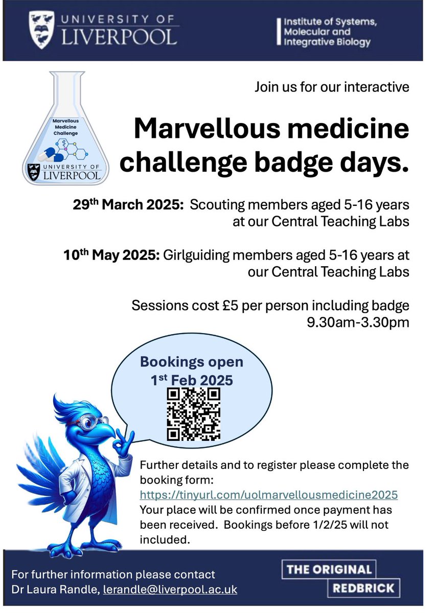 💊Marvellous Medicine Badge Days <a href="/pandtuol/">P&T_UoL</a> 

⚜️29/3/25 Scouting 
☘️10/5/25 Girlguiding 
🧪A full day of hands on science activities showcasing how we make new medicines.
Bookings open 1/2/25

tinyurl.com/uolmarvellousm…

#marvellousmedicinebadge @livunipharma  @livuniengagehls