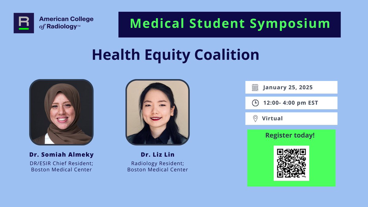 There’s still time to register for the <a href="/RadiologyACR/">American College of Radiology</a> Medical Student Symposium tomorrow! Can’t wait to hear about the health equity coalition from these awesome radiology residents at <a href="/BURadiology/">BU Radiology</a> 

🔗 bit.ly/3ZVgizp