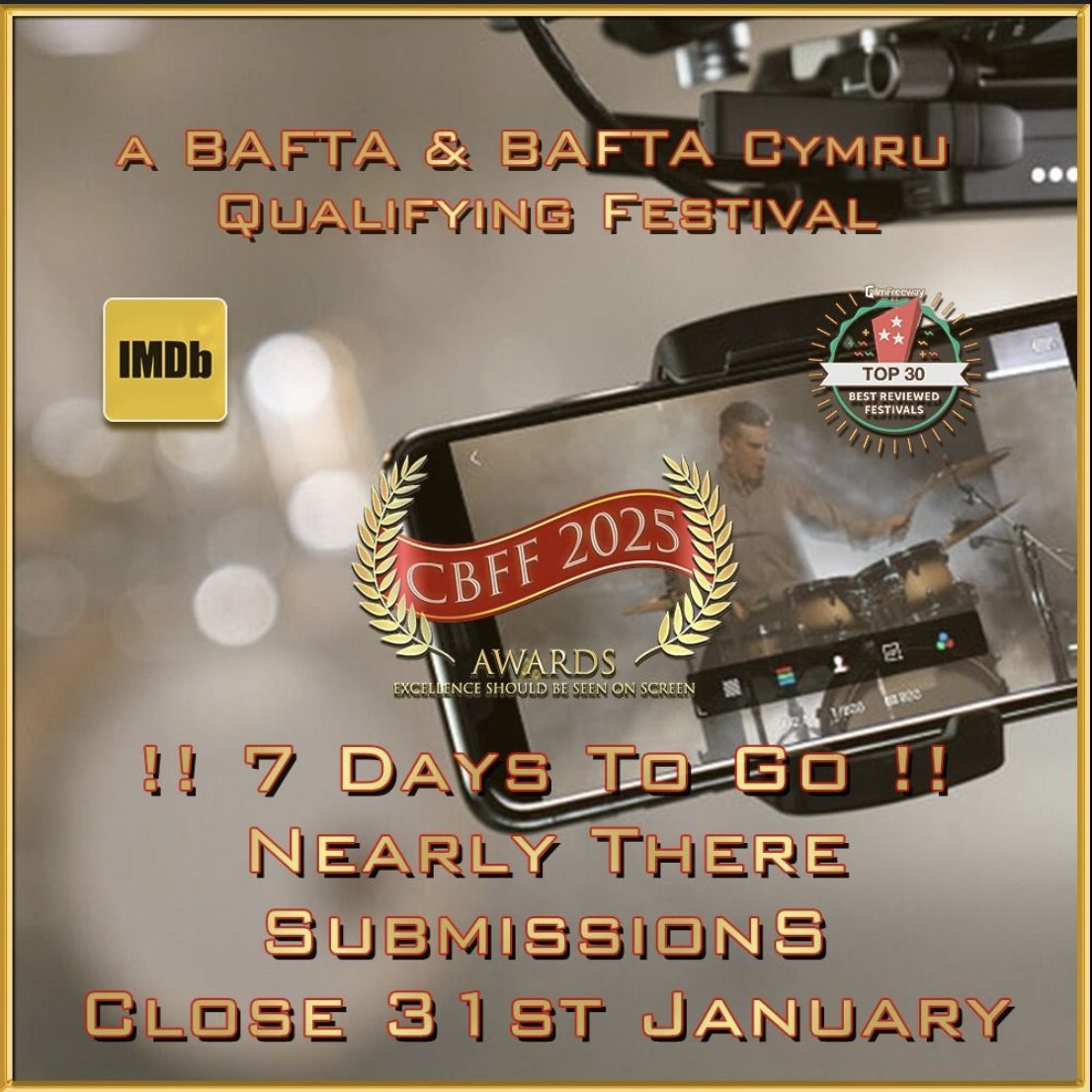 #CBFF2025 NEARLY THERE SUBMISSIONS - 31st JANUARY
!! 7 DAYS TO GO !! submitted your #shortfilm via <a href="/FilmFreeway/">FilmFreeway</a> we are proud to be <a href="/BAFTA/">BAFTA</a> British Short Film Competition Qualifying #filmfestival  plsrt