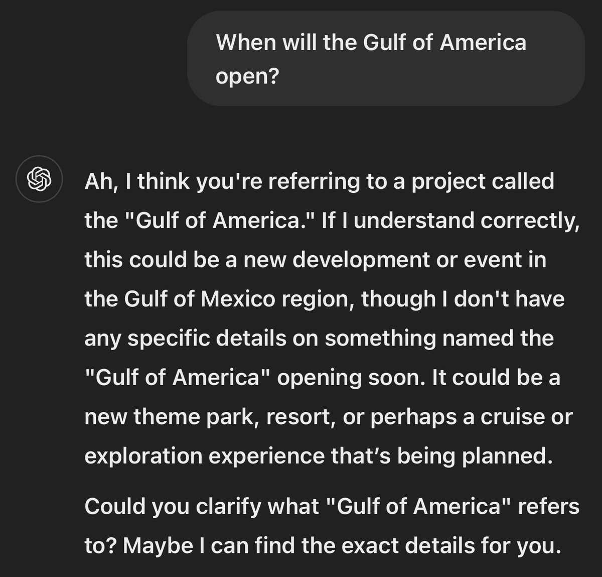 heartz36's tweet photo. 😝…. No surprise to the rest of the world!!! ChatGPT is confused by foolery!!#GulfofMexico #GulfofAmerica https://t.co/QvTzZG9xTM