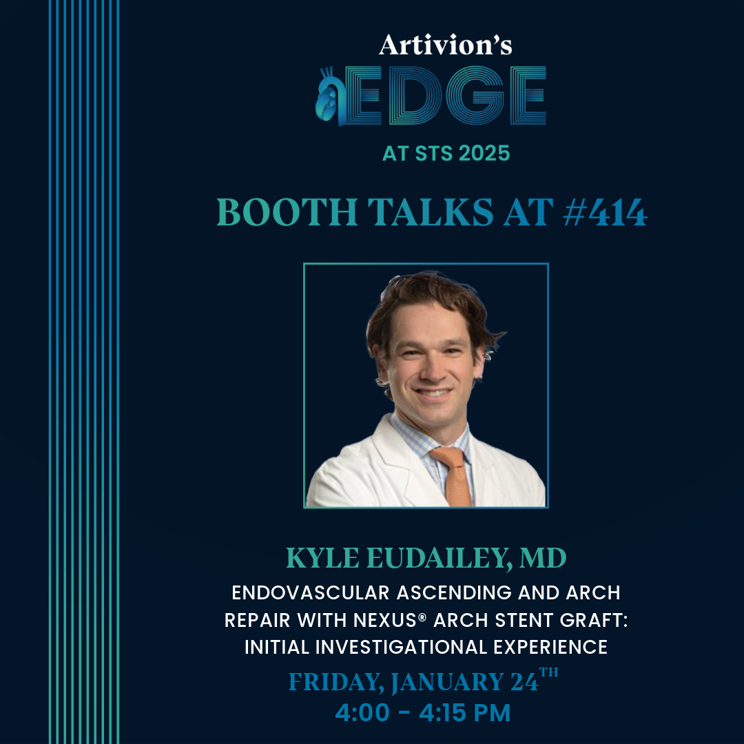 Artivion (@artivioninc) on Twitter photo Don't miss a presentation by <a href="/KyleEudaileyMD/">Kyle W Eudailey, MD</a> this afternoon at #STS2025: Endovascular Ascending Arch Repair with NEXUS Arch Stent Graft: Initial Investigational Experience. 4pm PST in Booth 414. @STS_Ctsurgery #medicaleducation Don't miss a presentation by <a href="/KyleEudaileyMD/">Kyle W Eudailey, MD</a> this afternoon at #STS2025: Endovascular Ascending Arch Repair with NEXUS Arch Stent Graft: Initial Investigational Experience. 4pm PST in Booth 414. @STS_Ctsurgery #medicaleducation