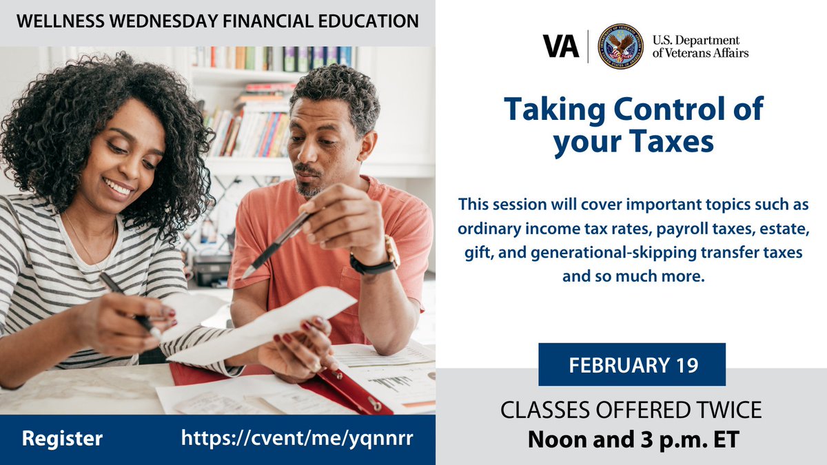 VAVetBenefits's tweet photo. #Veterans and #TransitioningServiceMembers, is your financial house in order? Tune in Feb. 19 at 12 p.m. and 3 p.m. ET (9 a.m. and 12 p.m. PT) as #WellnessWednesday returns with insights about tax-related topics.

Sign up at: https://t.co/YfDz7z6g2t https://t.co/uSG3LYLf9Z