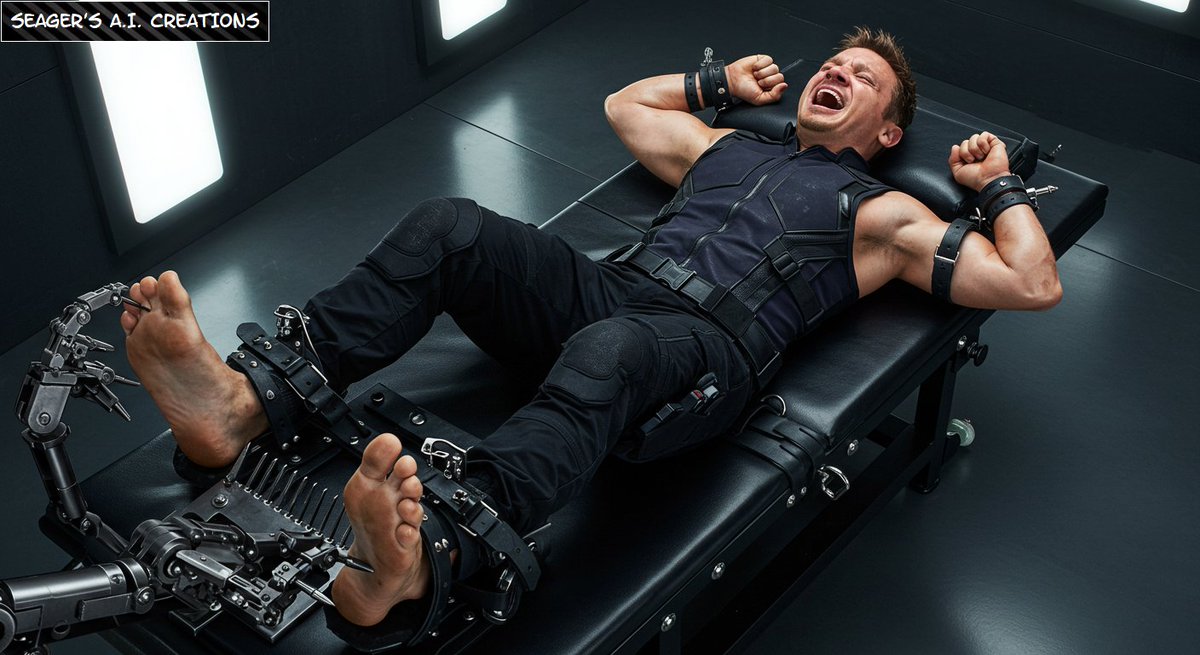 SeagerCreations's tweet photo. In an alternate universe, Hawkeye is captured and locked in a room while he is restrained to a sadistic tickle torture device! The ruthless mechanical fingers on the device quickly bring poor Clint to his breaking point! Who knows if other Avengers will meet a similar fate... https://t.co/3vjHYGZWDs
