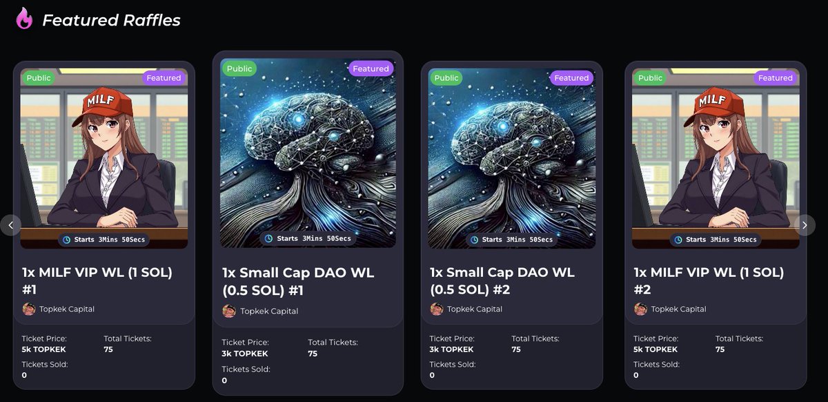 TOPKEK Capital🧢 (@topkekcapital) on Twitter photo 4 New Raffles Are Starting! ft. <a href="/SmallCapDAO/">small cap DAO</a> & @VirtualsWaifus!
Limited Tickets. 24hrs only. topkek.io/raffles
Will You Buy The Winning Ticket? 4 New Raffles Are Starting! ft. <a href="/SmallCapDAO/">small cap DAO</a> & @VirtualsWaifus!
Limited Tickets. 24hrs only. topkek.io/raffles
Will You Buy The Winning Ticket?