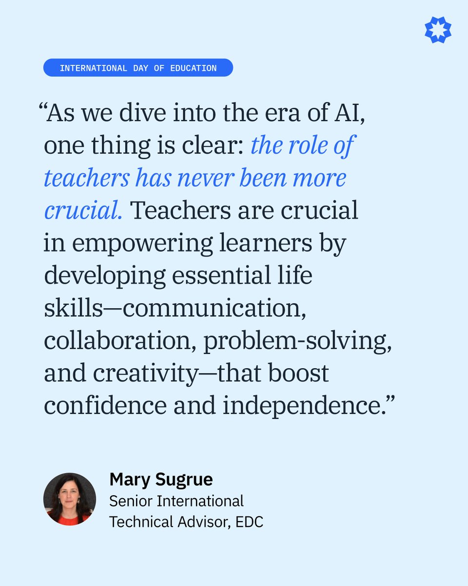 As AI becomes more prevalent in the classroom, EDC's Mary Sugrue reminds us that no technology can match a well-trained teacher in preparing students for the future. On International #EducationDay we pay tribute to all the educators who are advancing learning around the globe.